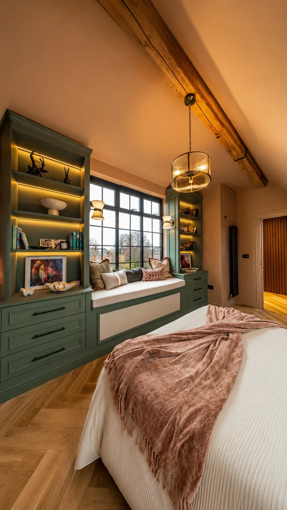 Finished loft bedroom with green window seat, illuminated shelving and exposed beam