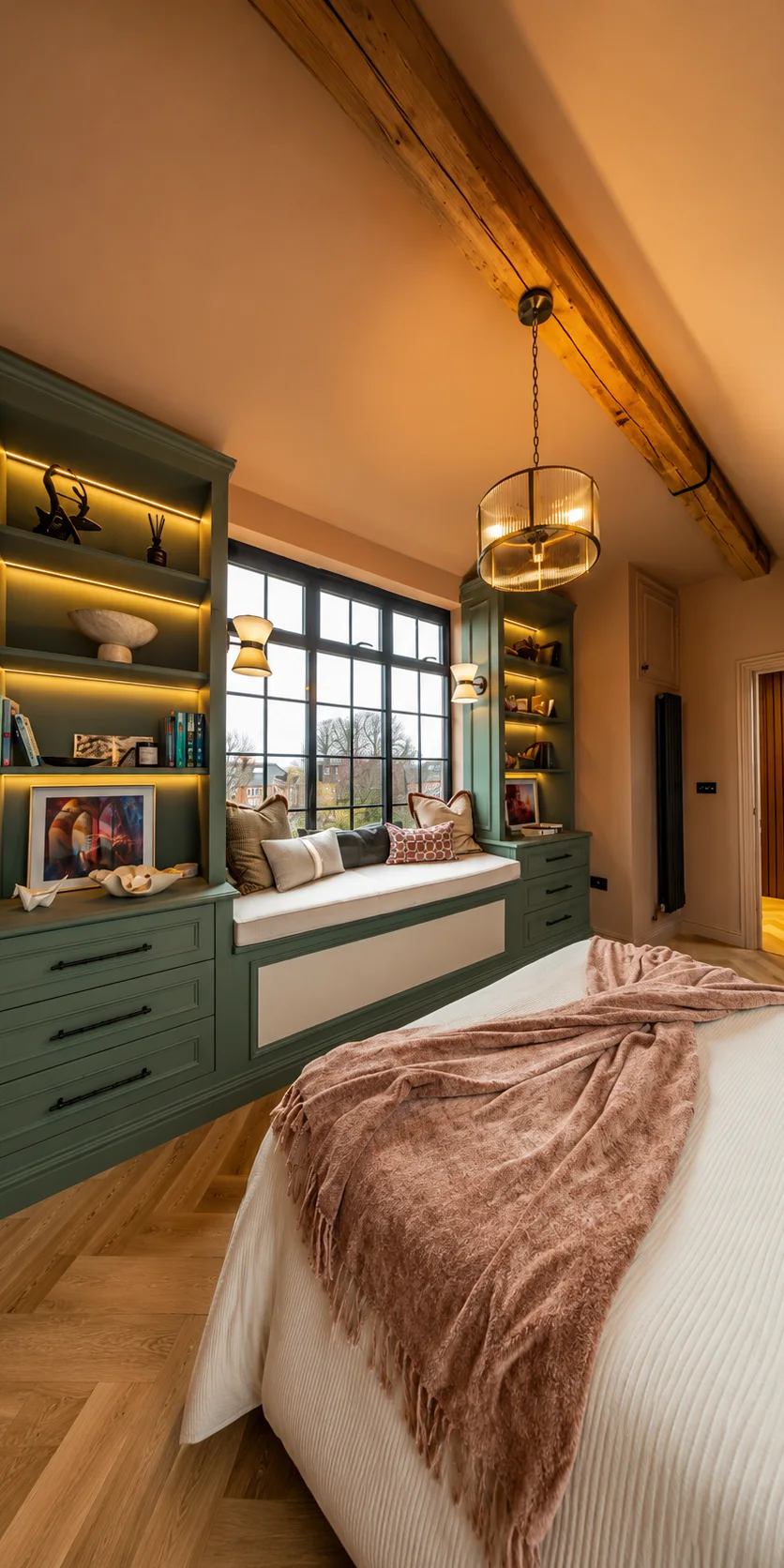 Bespoke green fitted window seat with illuminated shelving, drawers and an exposed beam in a bedroom built by Kestrel's Carpentry